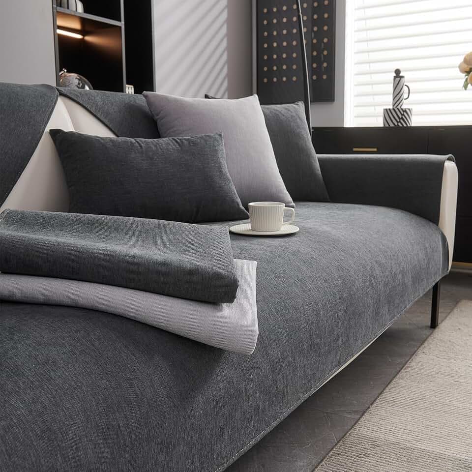 Sofa Überzug Rutschfest Chenille Sofabezug, Dunkelgrau, 110x160cm