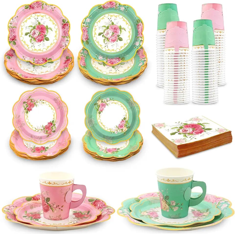 200Pcs Floral Tea Cups and Saucers for Tea Party Supplies, Disposable Tea Cups with Handle and Paper Napkins Dinnerware for Floral Theme Birthday Wedding Bridal Shower Baby Shower（Pink Green）