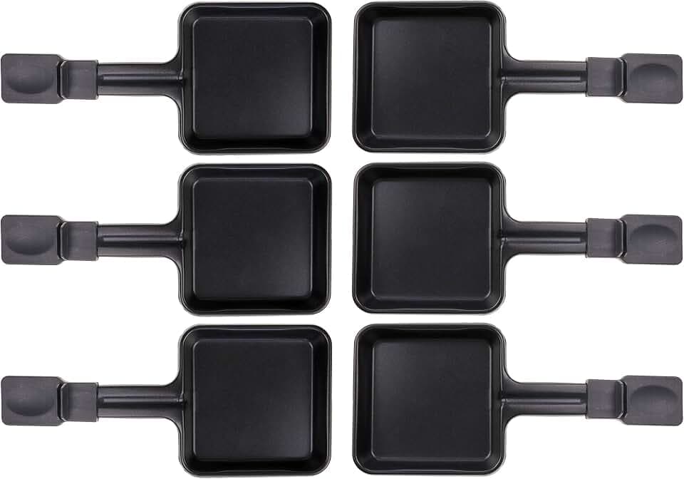 6x Raclette Pfännchen 23178 10x10cm, Griff Extra Lang, Universell für Raclettes (Maße siehe Text)