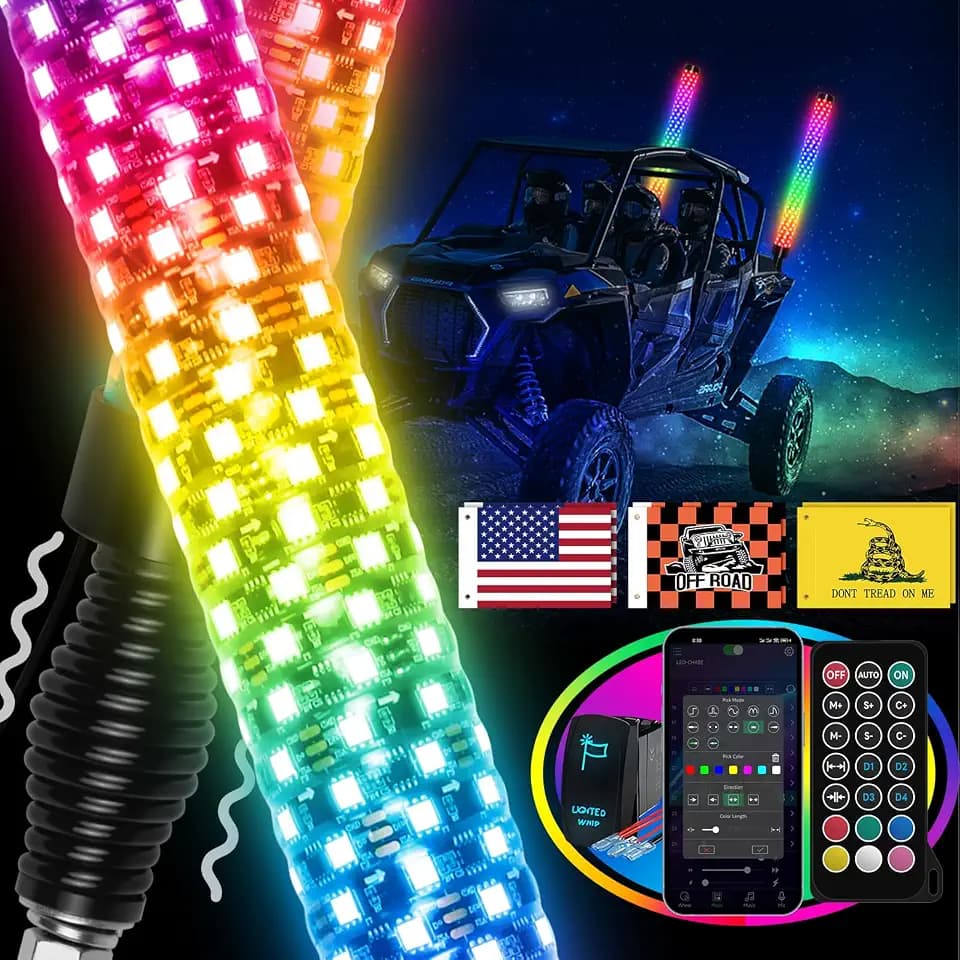 2PCS 3FT Fat LED Lights with Spring Base, RGB Chasing Lighted Antenna Whips with App & Remote Control, Music Lights for UTV ATV Can-Am Truck