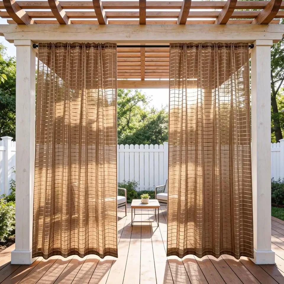 2 Panels Outdoor Sheer Curtains for Patio, Jacquard Check Curtains for Patio Waterproof, Indoor Outdoor Drapes for Gazebo Pergola Balcony Pool Spa (Brown, 52 x 95 inch)
