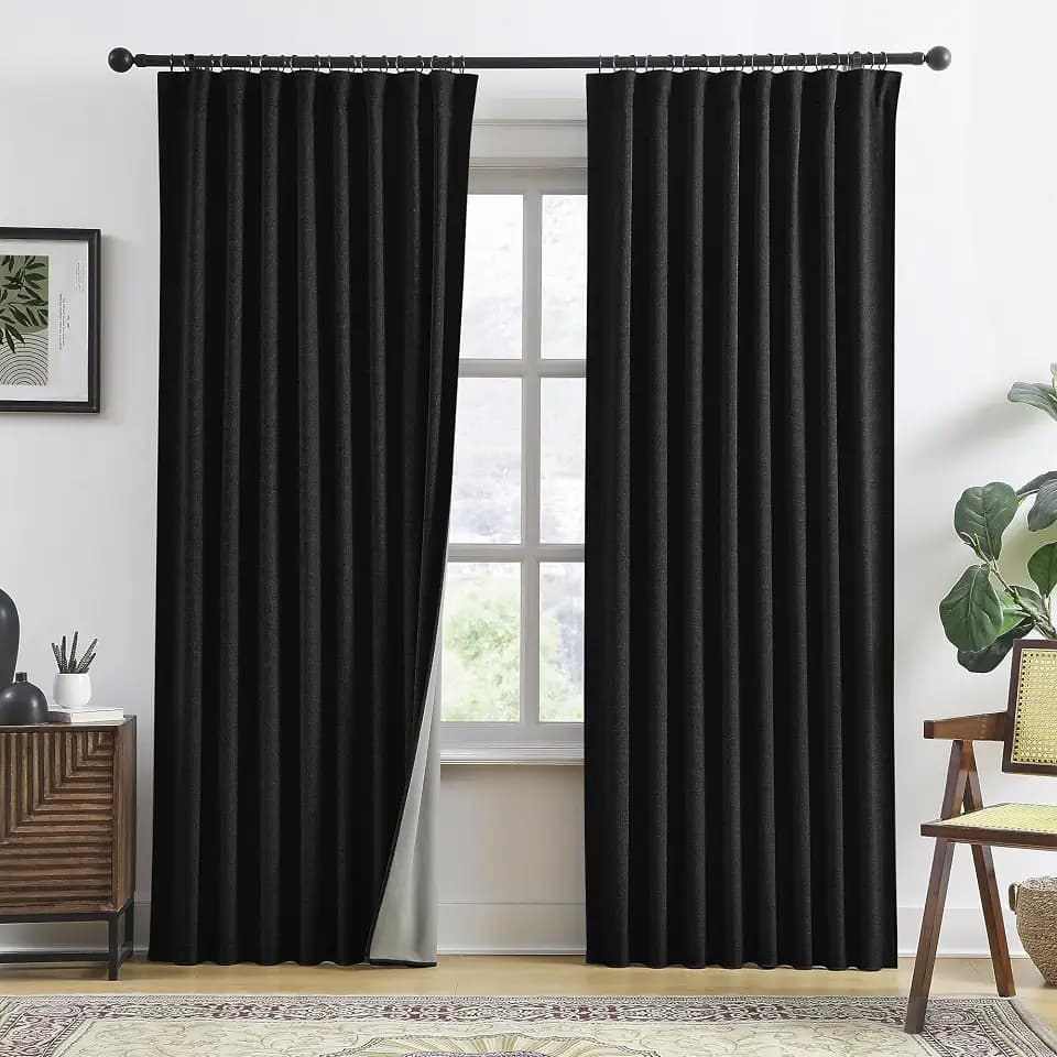 Linen Blend Blackout Curtains 50 x 84 Inch Long- Black 2 Panels Set