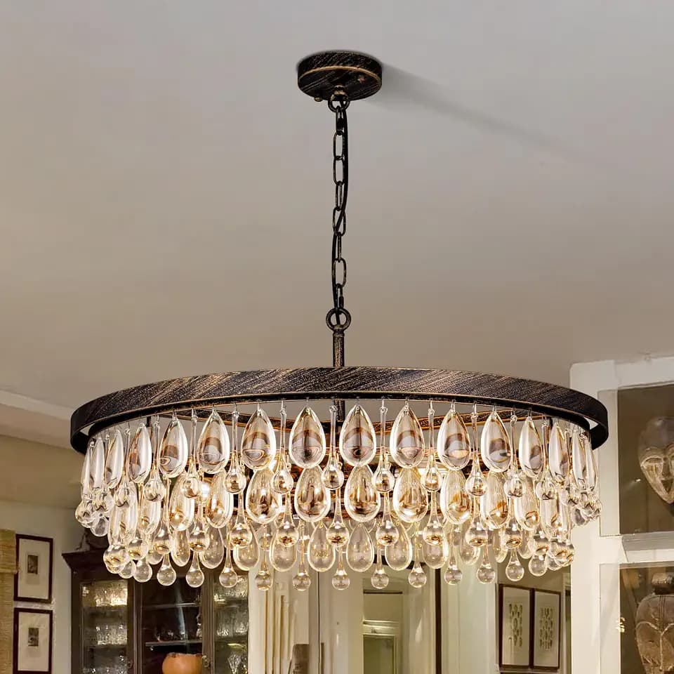 Wellmet Bronze Crystal Chandeliers for Dining Room,6 Lights Modern Bronze Crystal Pendant Light,Farmhouse Chandelier for Bedroom,Ceiling Lighting Fixture for Kitchen Island,Living Room,Hallway