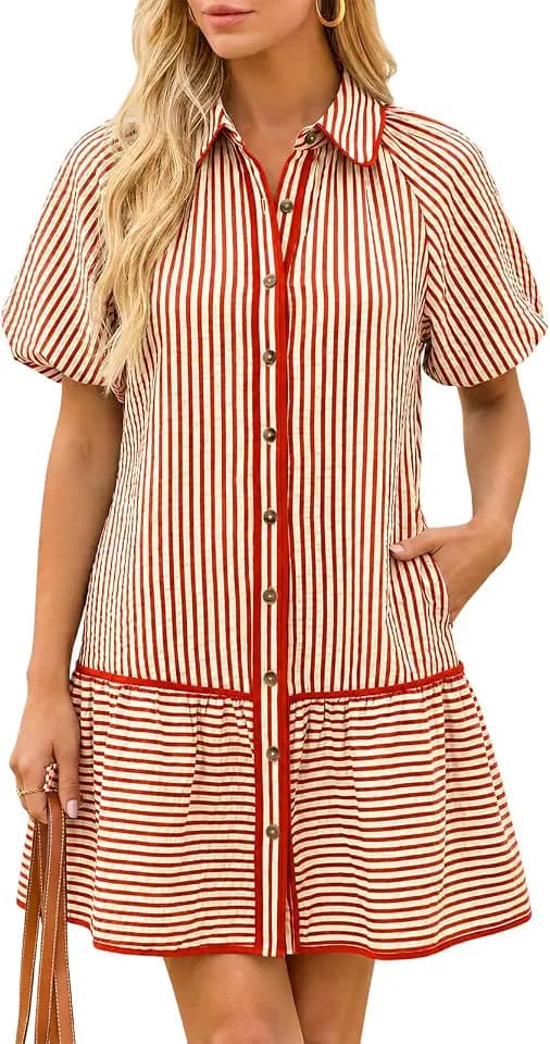 Wenrine Womens Summer Button Down Shirt Dress Striped Puff Sleeve Dresses