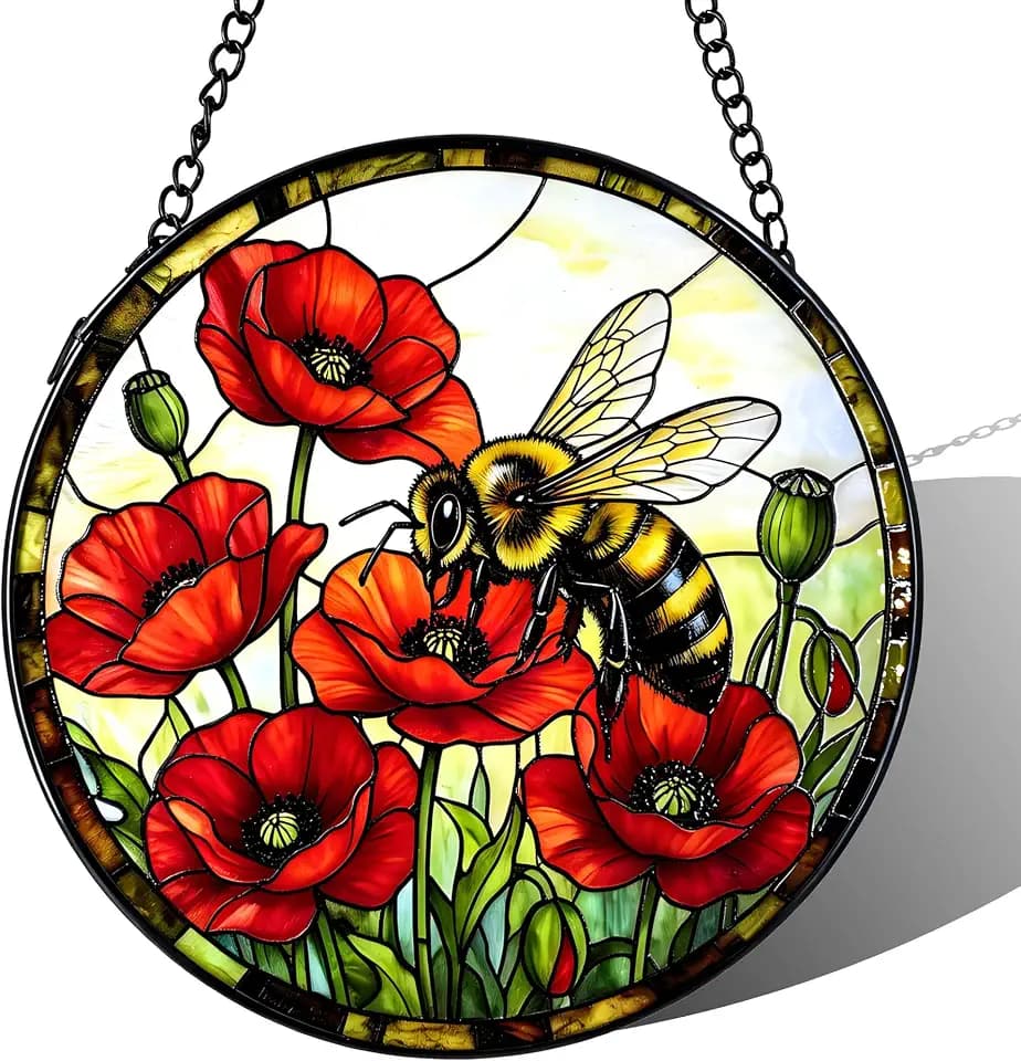 Stained Glass Sun Catcher,Bees and Red Flower Printed Stained Glass Window Hanging Garden Decor Gifts,Sun Catchers Indoor Window,Whimsical Decoration for Home Backyard Patio Lawn Porch 6.3 Inch