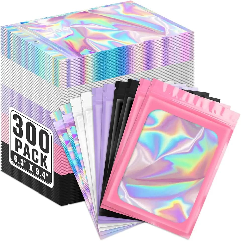 ANZNKU 300 Pack Multicolor Holographic Mylar Bags with Clear Window, 6.3x9.4 In Smell Proof Packaging Bags for Small Business, Resealable Foil Zipper Pouch for Candy Jewelry Goodie Gift & Party Favors