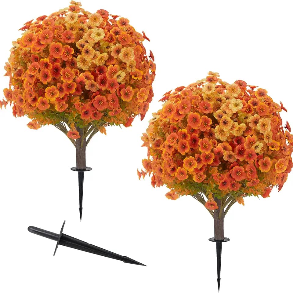 Set of 2 Artificial Fall Flower Topiary Balls, UV‑Resistant Faux Autumn Floral Shrubs for Front Porch Yard Lawn Thanksgiving Outdoor Decor
