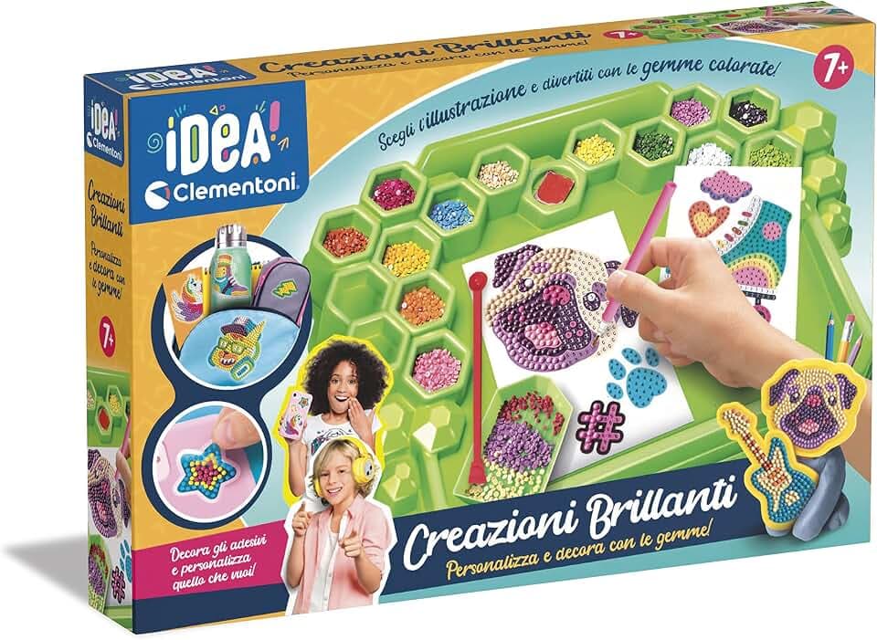 Clementoni Idea – Brillante Kreationen, Diamant-Mal-Set für Kinder 7+ Jahre, Labor für Edelsteine und Kunst mit Zubehör für glitzernde Arbeiten, kreatives Spiel Made in Italy, italienische Sprache