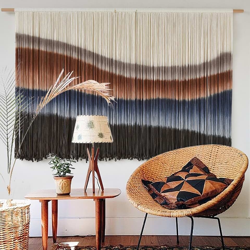 Macrame Wall Hanging Tie-Dye Bule Boho Wall Decor Yarn Fiber Art 57"W*35"L