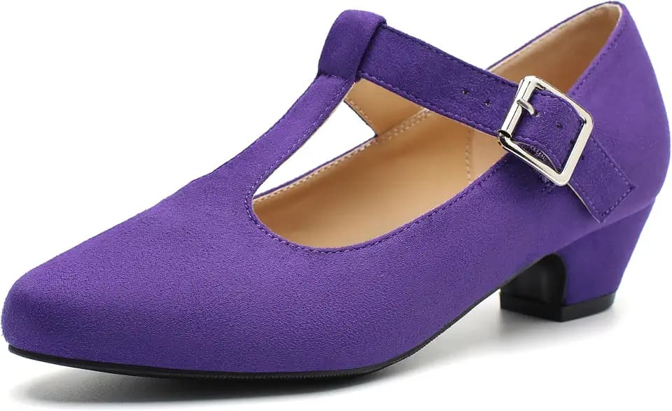 MAIERNISI JESSI Women's T-Strap Mary Jane Pumps, Low Block Heel, Buckle Closure