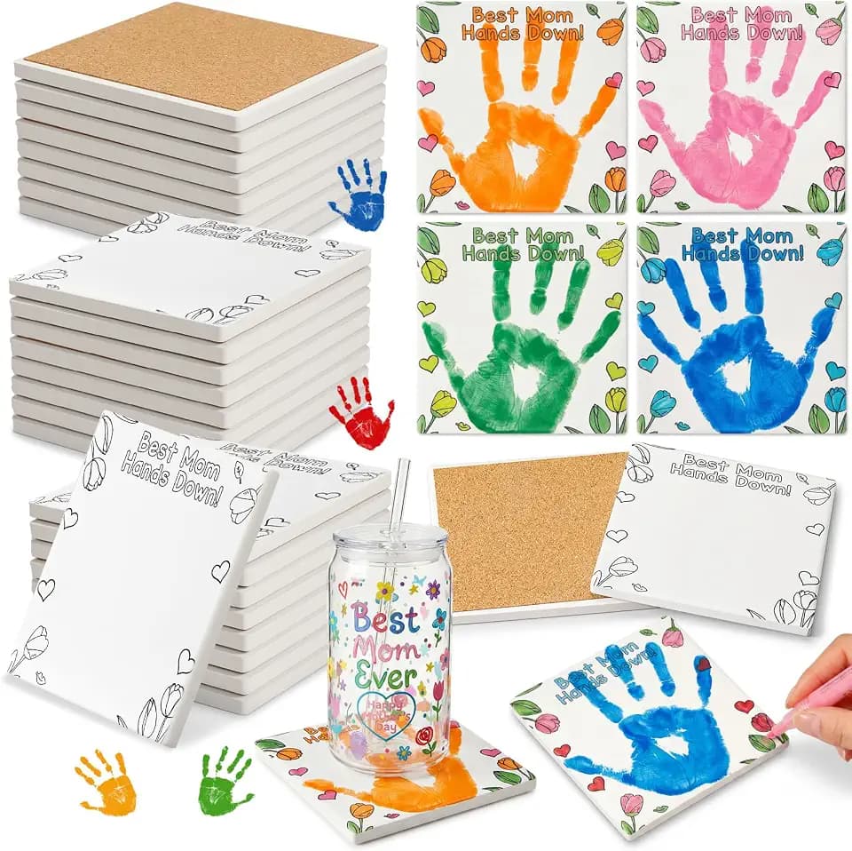 30 Set Mother's Day Crafts Bulk Best Mom Hands Down Ceramic Tiles, 4x4 Make Your Own Mother's Flower Coasters with Backing Pads for Painting, Ceramic Crafts for School Classroom Activities