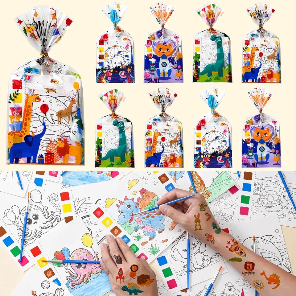 Party Favors for Kids 4-8, 16 Pack Water Coloring Books with Tattoos & Bags
