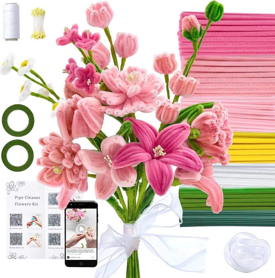 LENYNAL 500 Pcs Pastel Pipe Cleaners Bulk Craft, Pink Pipe Cleaner Flower Kit, Glue-Free & Safe for Kids, Step-by-Step Tutorial, 6 Colors Chenille Stems for Flower Making