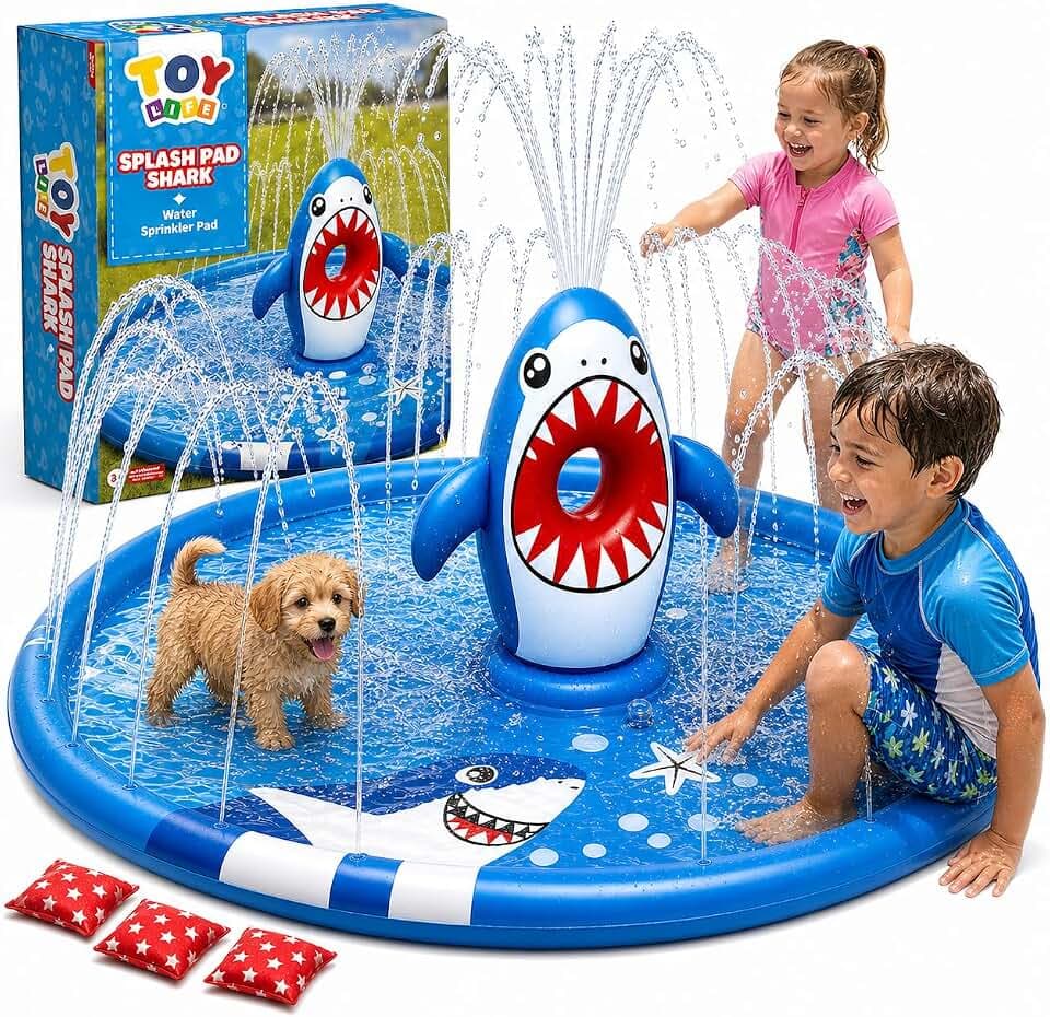 TOY Life Shark Splash Pad for Kids and Dogs - Extra Large 70 Inch Outdoor Sprinkler Pool for Toddlers Ages 1-3, Heavy Duty Non Slip Water Play Mat for Backyard Summer Fun