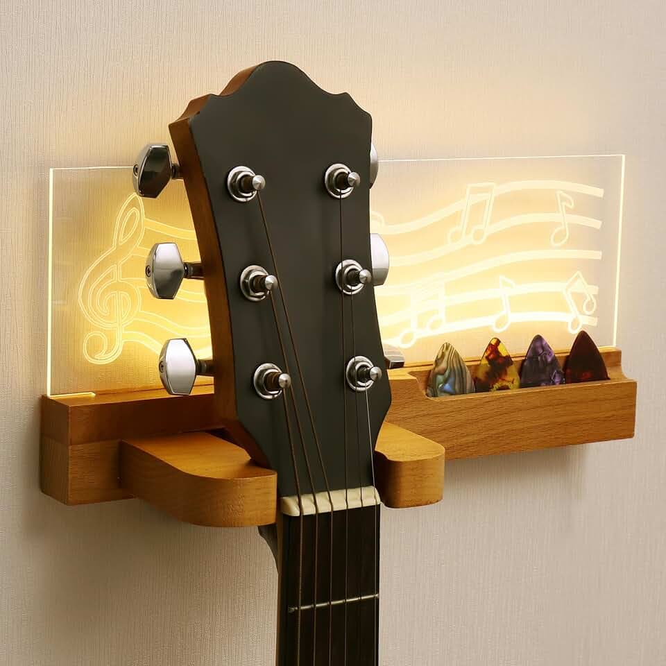 JIZZU Gitarre Wandhalterung, USB-Powered LED-Leuchtende Hölzernes Halter, für Akustische, klassische und E-Gitarre, Ukulele und Lagerung