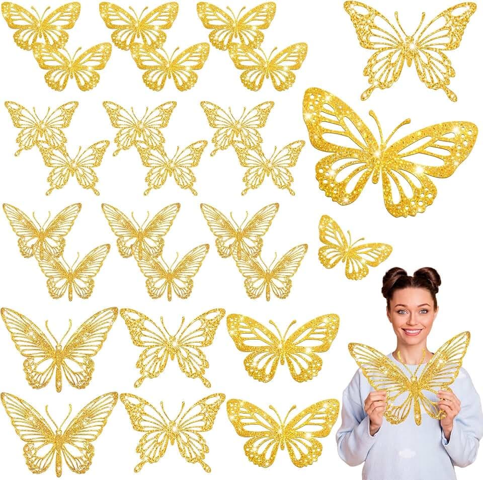Yeaqee Large Butterfly 3D Wall Stickers Party, Moon Stars Gold, 24 Pcs