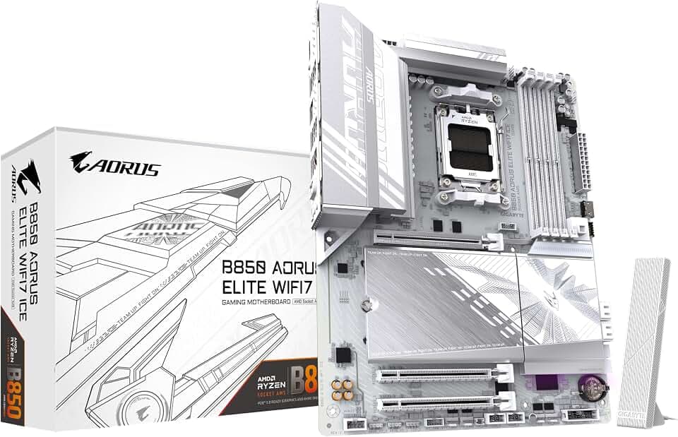 GIGABYTE B850 AORUS Elite WIFI7 Ice Motherboard - AMD Ryzen 9000 Serie CPUs, 14+2+2 Phasen digitales VRM, bis zu 8200MHz DDR5 (OC), 1xPCIe 5.0 + 2xPCIe 4.0 M.2, 2,5 LAN, WiFi 7, USB 3.2 Gen 2x2