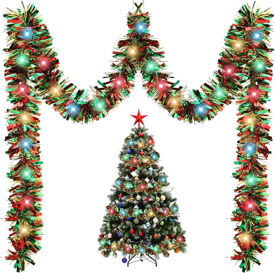 16.4 ft Christmas Tinsel Garland with Light, Multicolor, Red and Green