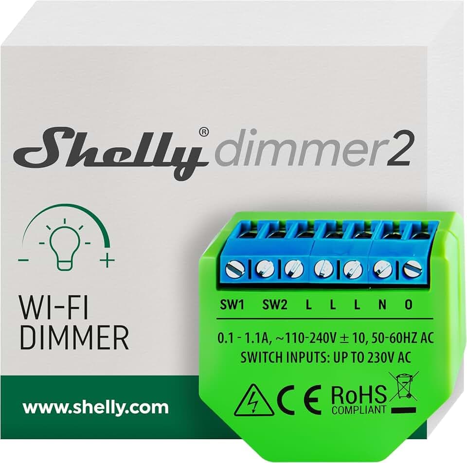 Shelly Dimmer 2, Intelligenter Wlan Dimmer, Kein Neutralleiter nötig, Hausautomatisierung, Kompatibel mit Alexa & Google Home, iOS Android App, Kein Hub erforderlich, Dimmbare Lichter