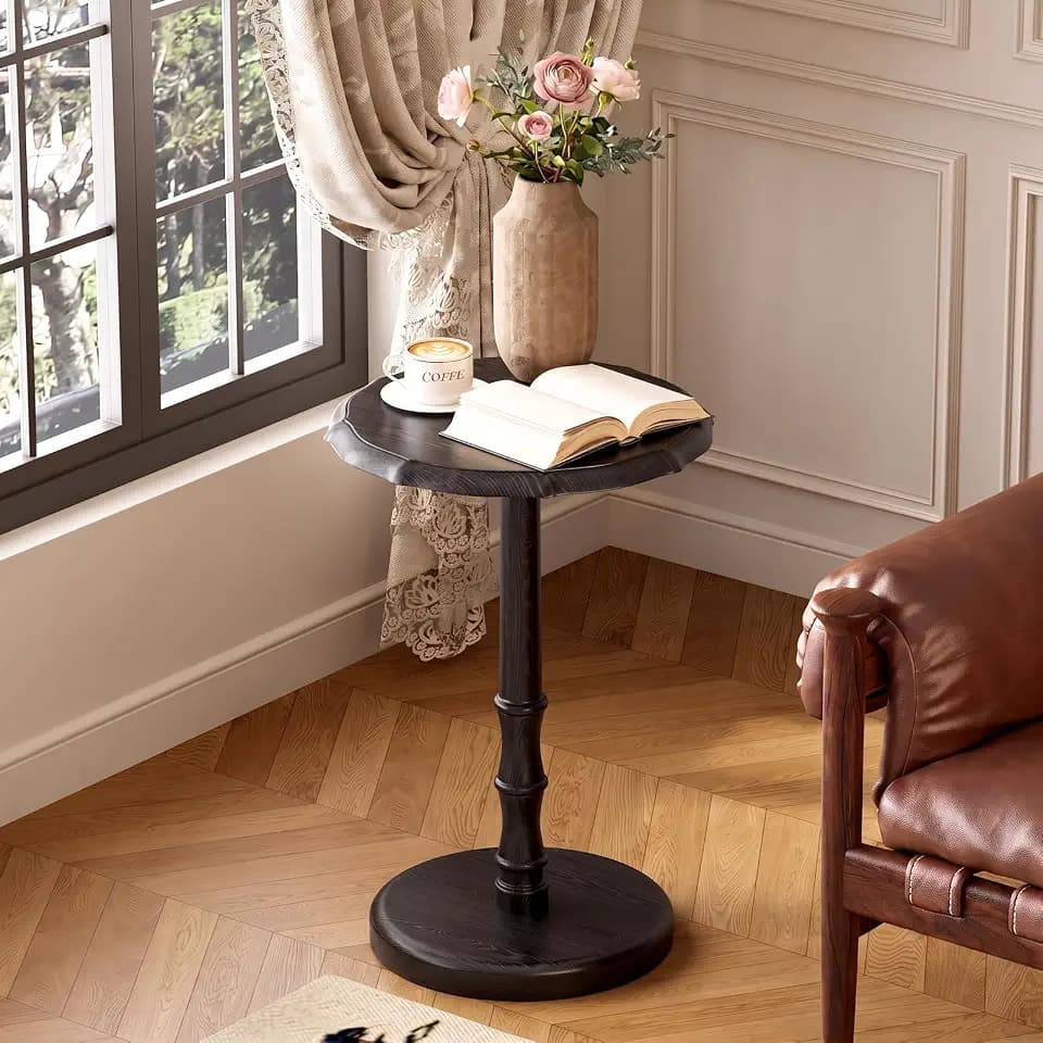 Round Side Table, 100% Solid Wood End Table, 5-Min Assembly, Black