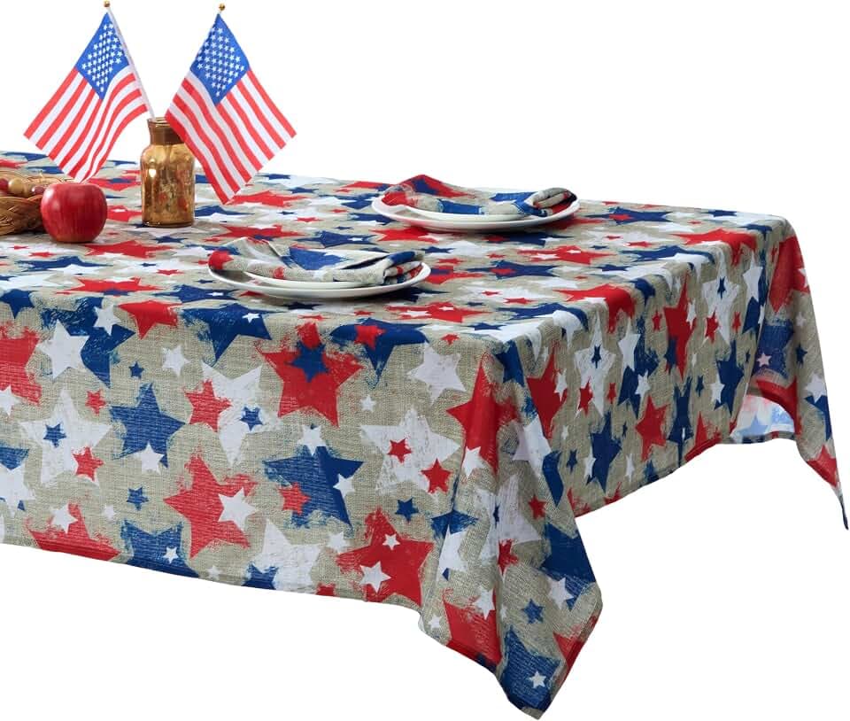 Newbridge Burlap Stars Patriotic 60 x 120 Inch Rectangle Fabric Tablecloth