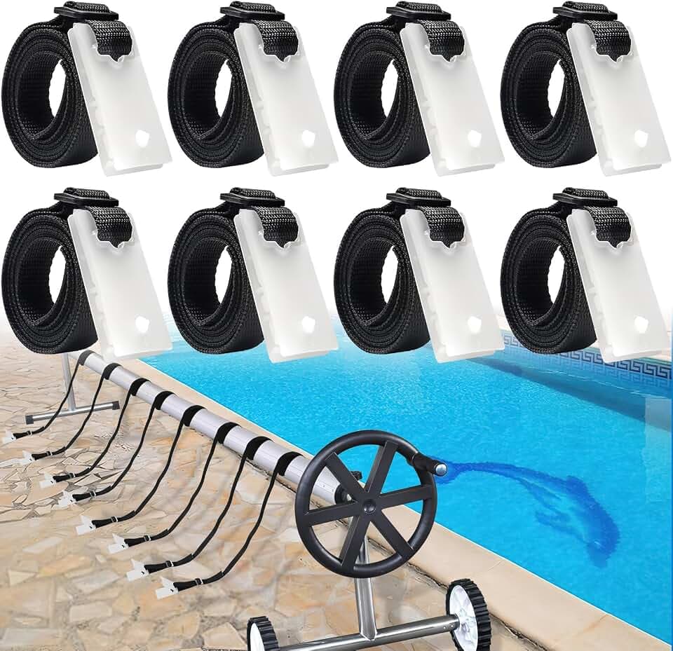 Haltebänder Poolfolie, 8er Set Befestigungsbänder und Klammern, Pool Aufroller Haltebänder Solarfolie Zubehörteile für Fahrbares Aufrollsystem, Pool-Planen Abdeckungen