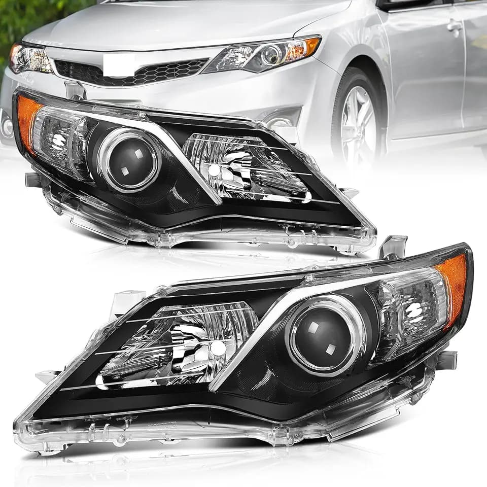 Headlights Compatible with 2012-2014 Toyota Camry SE,Halogen Headlamp Black Housing Amber Reflector Clear Lens Replacement Driver Passenger Side 8115006800 8111006800