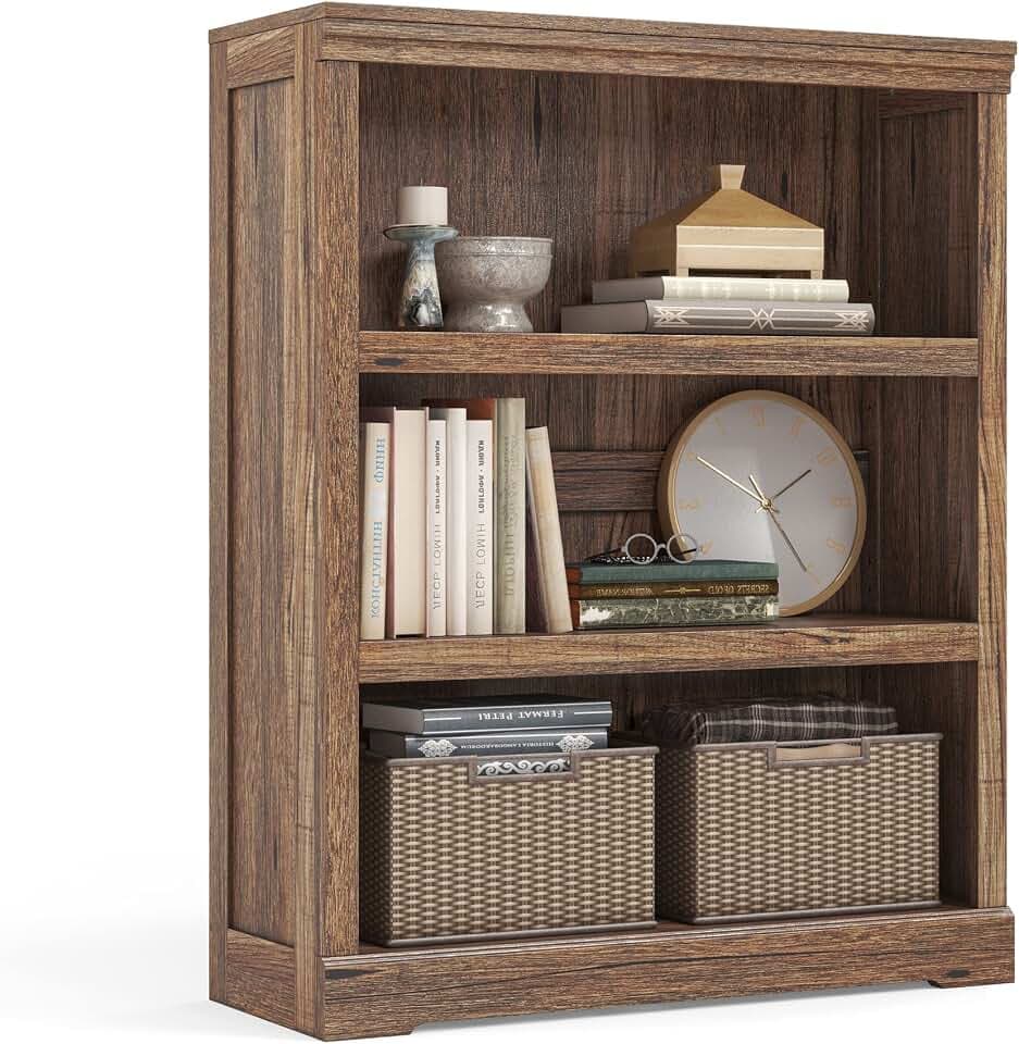 LINSY HOME 3-Tier Bookshelf Display Storage Shelves Farmhouse Bookshelf for Home Office, Living Room, Bed Room - Dark Brown