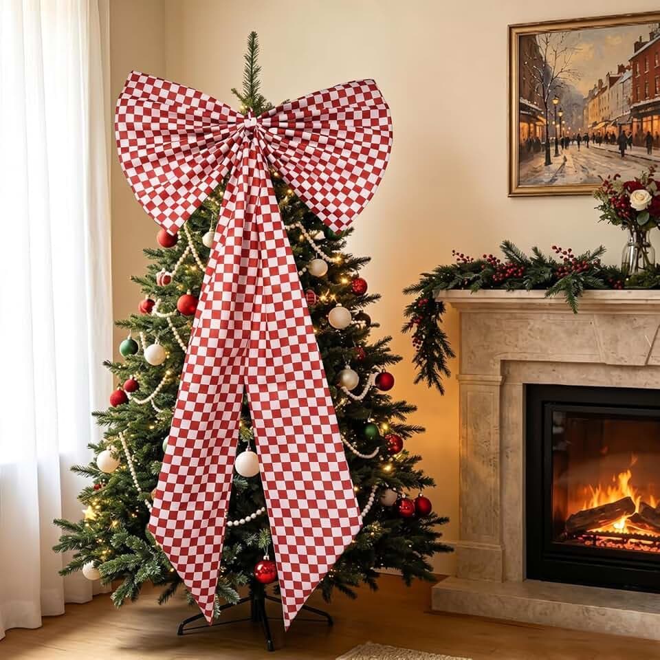 HunnmingRe 78'' x 38'' Giant Red Gingham Bow Christmas Farmhouse Decoration