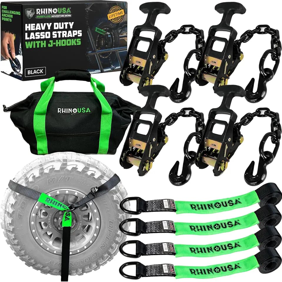 Rhino USA Car Hauler Tie Down Straps (4-Pack) - 2inx8ft Lasso with J Hooks