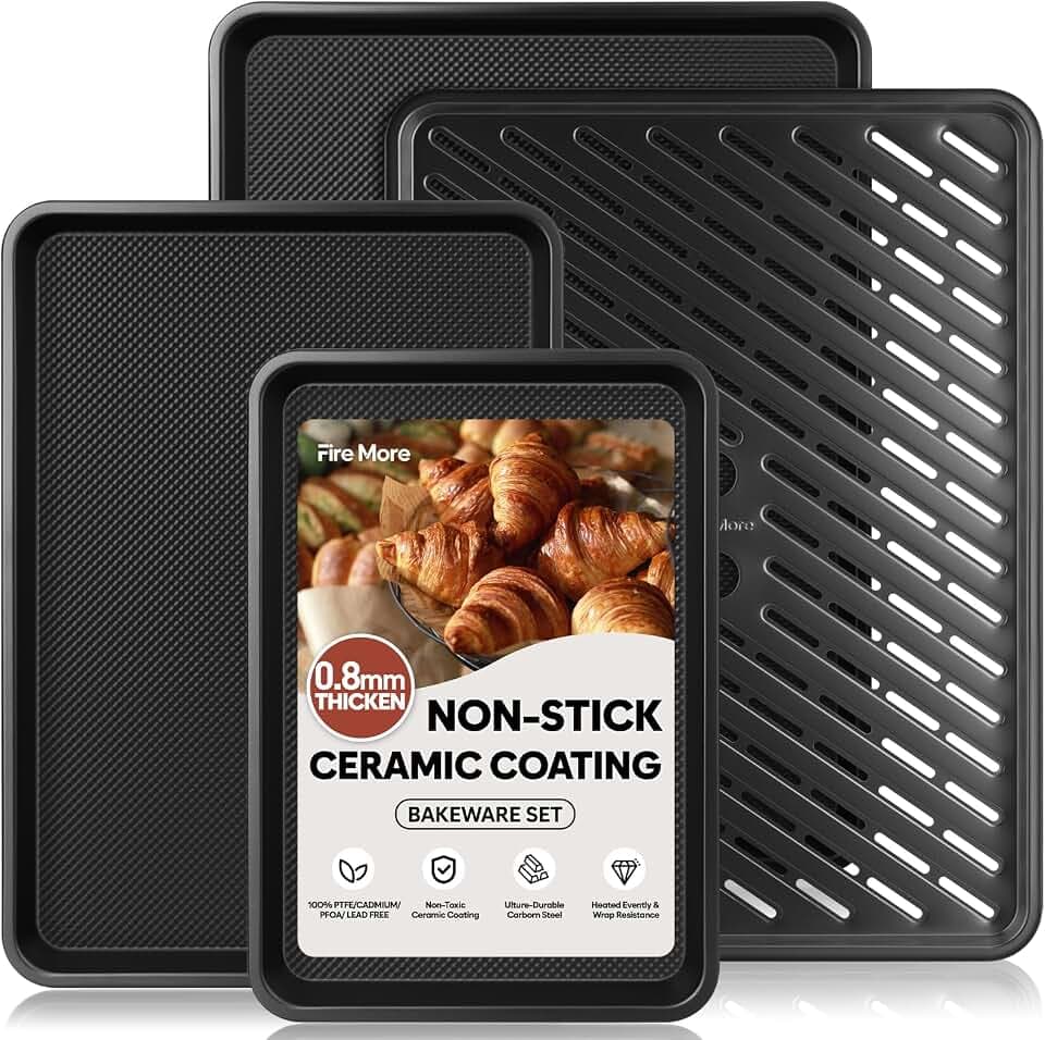 Fire More Backblech Set, 3 Stück Antihaft Karbonstahl Backbleche + 1 Abkühlgitter, Stapelbar Ofenblech Set für Backen & Braten im Backofen