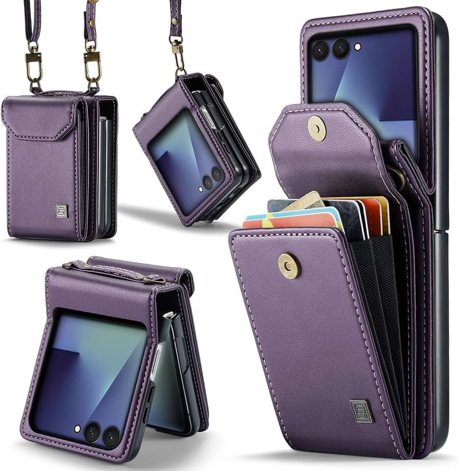 Crossbody Case Compatible with Samsung Galaxy Z Flip 7,Retro PU Leather Strap Wristlet Flip Case with Magnetic Closure and Card Holder for Men Women Purple
