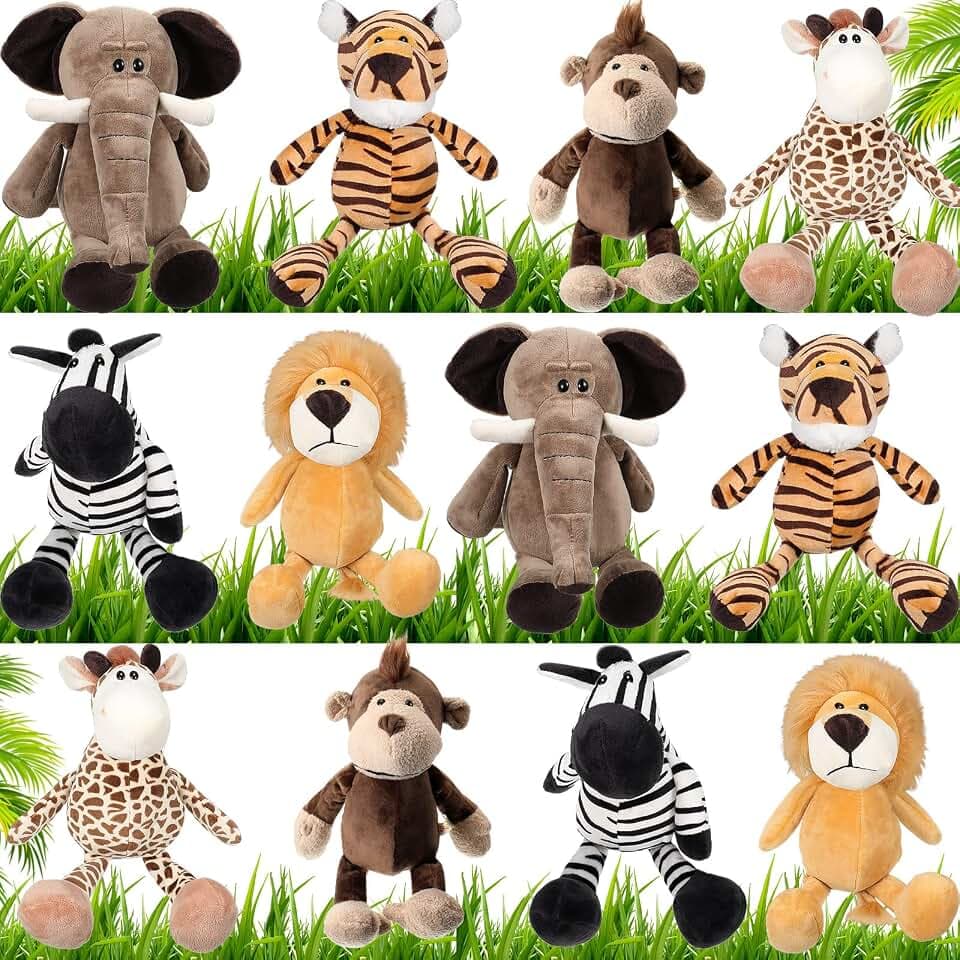 HyDren 12 Pcs Safari Plush Animals Jungle Stuffed Toy Set, 11.8 Inch
