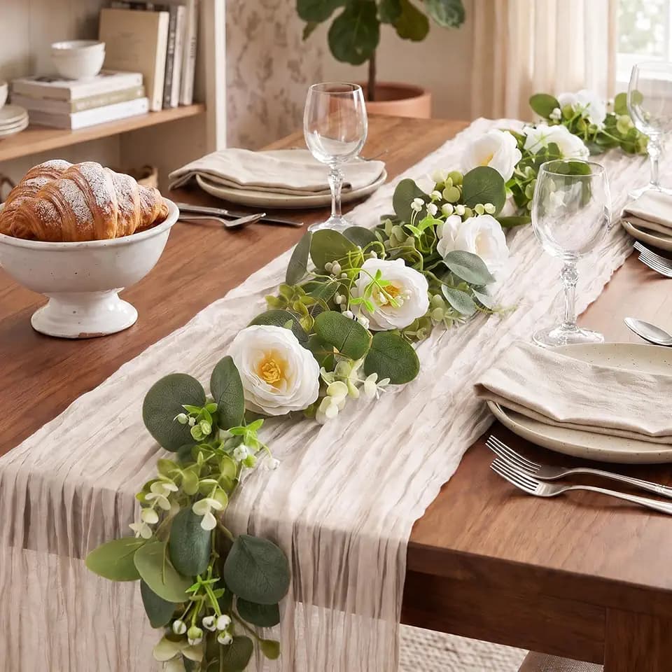 Beige Cheesecloth Table Runner with 6FT Artificial Flower Garland