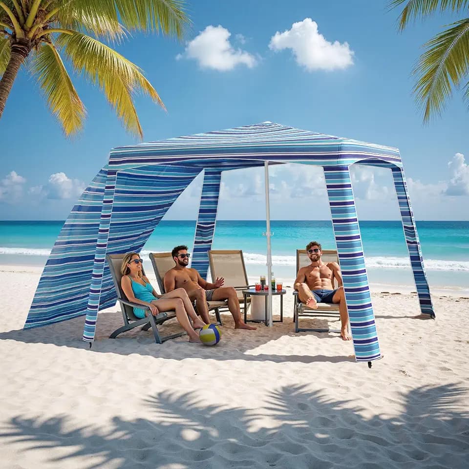 Beach Cabana-6.6x6.6’Beach Canopy with Side Wall,Portable Umbrella Tent with Sand Pockets for Family & Friends,Easy Up Beach Sun Shelter for Outdoor Patios,Backyards,and Camping,Stripe