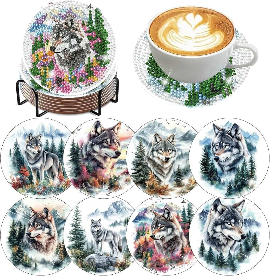8 Pack Diamond Art Coasters,Wolf Forest animals Diamond Painting Coasters