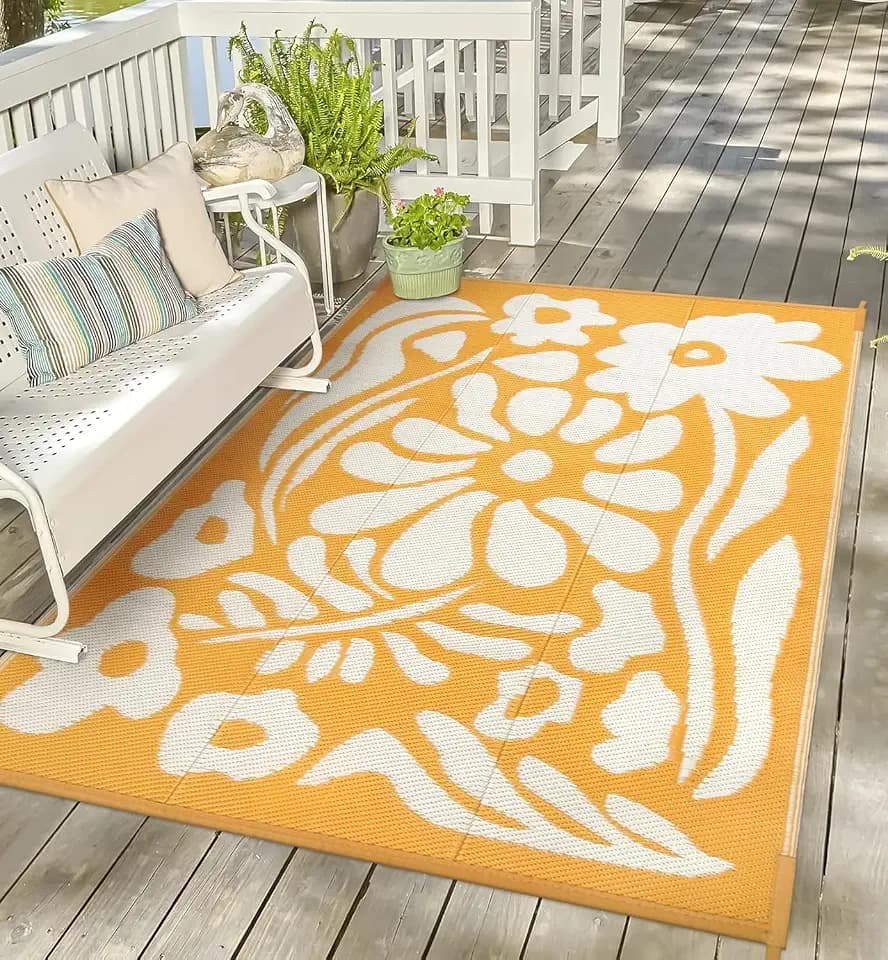 Uphome Outdoor Rug Mat Waterproof 5x8 ft, Reversible Outdoor Plastic Straw Rug, Orange Floral Patio Rug, Foldable RV Camping Rug, Indoor Outdoor Area Rug for Backyard Deck Pool Balcony Picnic, 5'x8'