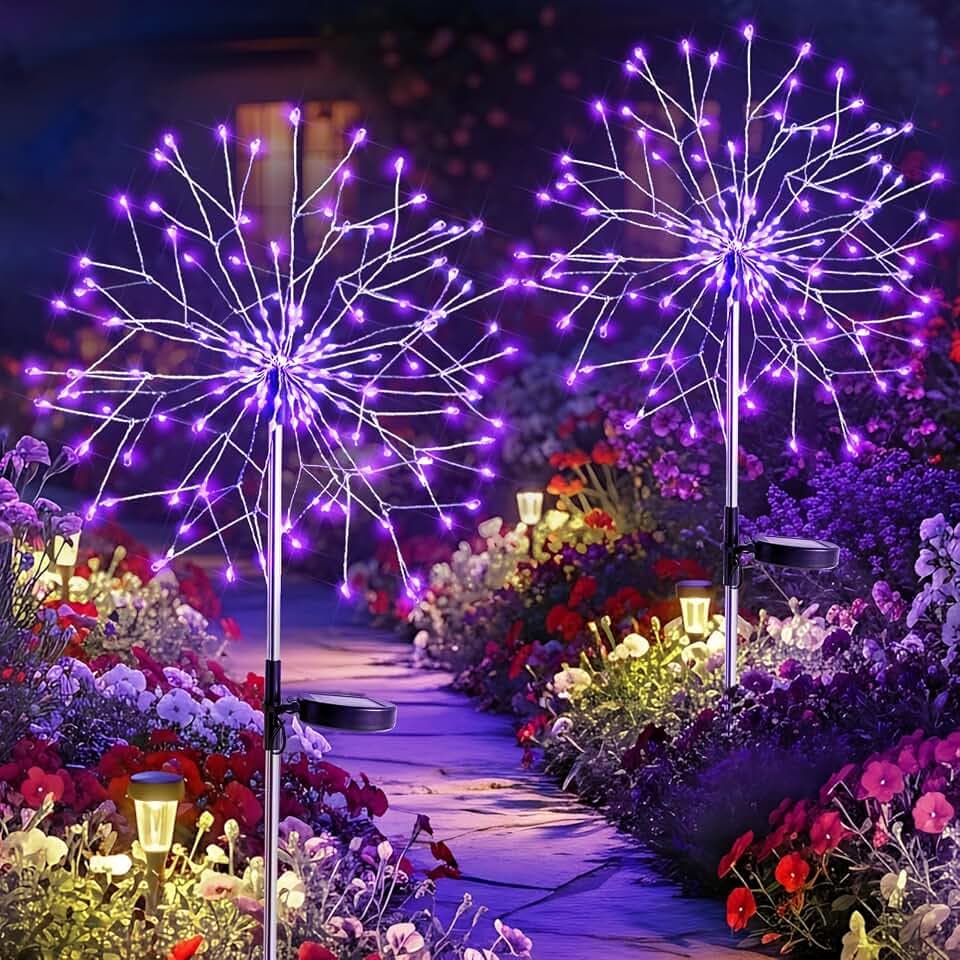 suddus 2 Pack Purple Halloween Lights Outdoor, 150LED Purple Solar Garden Lights with 8 Modes, Waterproof Solar Firework Light for Halloween Yard Garden Decorations
