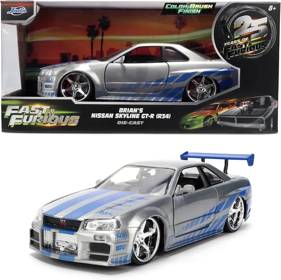 Jada Toys Fast & Furious 1:24 Scale Anniversary Edition 2002 Nissan Skyline GT-R (BNR34) Die-Cast Car with Brush Metal Finish – Collector Hobby Exclusive