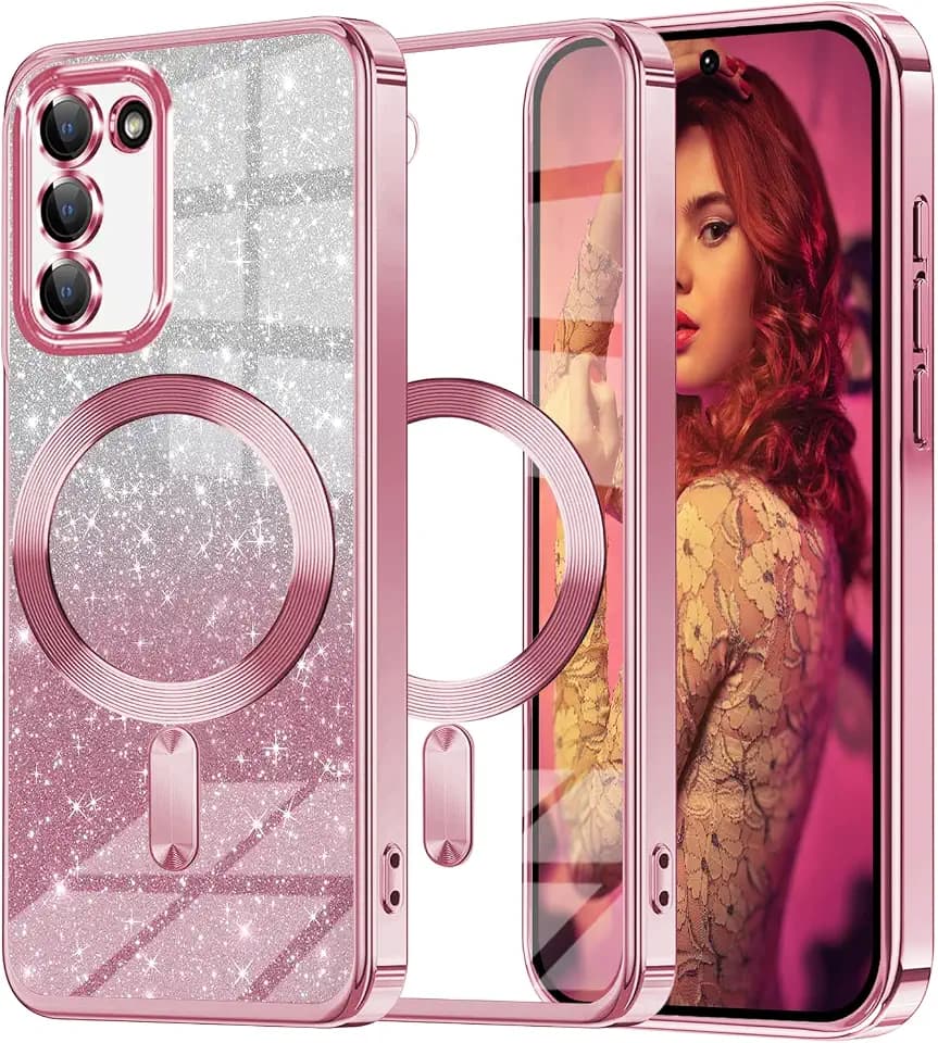 Glitzer Handyhülle für Samsung Galaxy S20 FE hülle [mit Mag-Safe], Ultra Dünn Glänzend Pailletten Stoßfest S20 FE Hülle, Luxus Galvanik Frauen TPU Schutzhülle für S20 FE Hülle (Rosa)