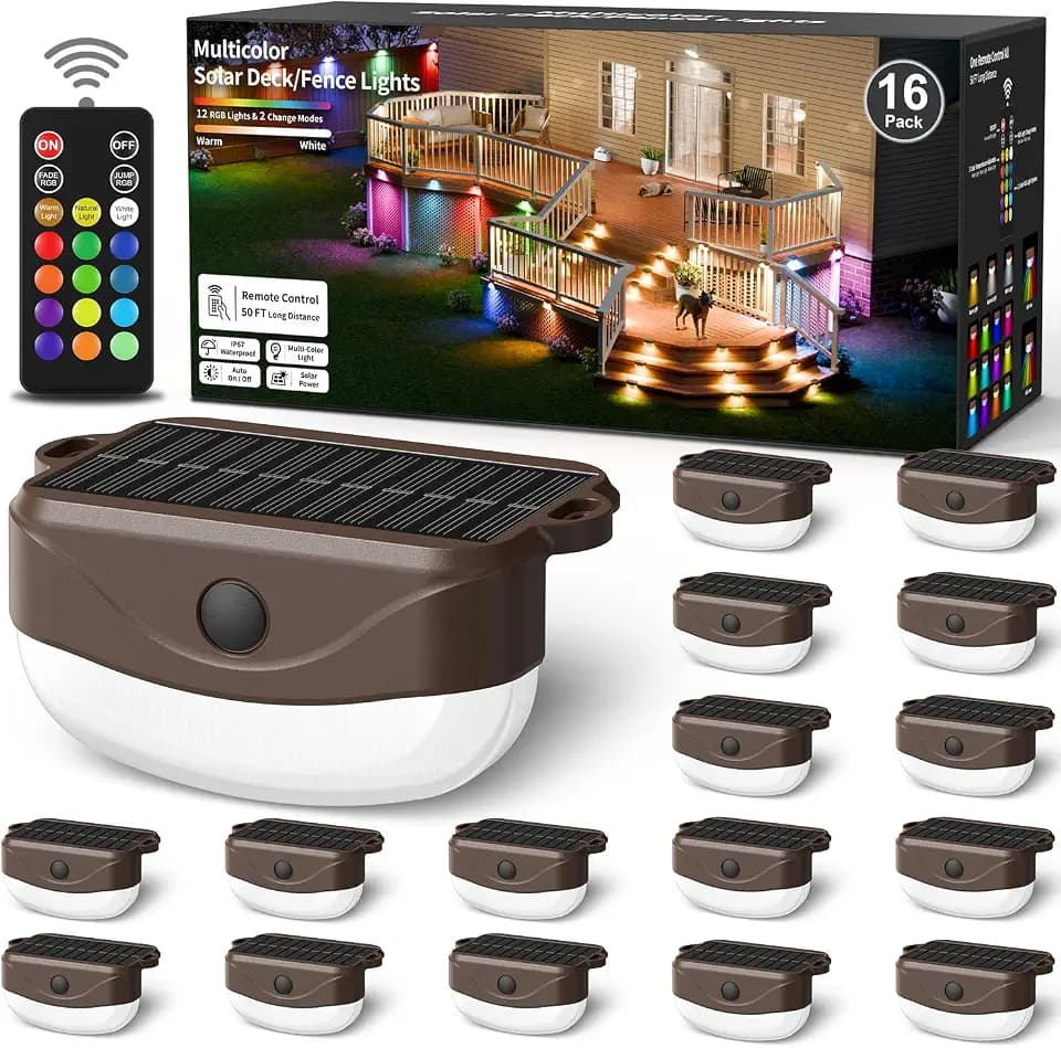 16 Pack Color Changing Solar Fence Lights with Remote, Solar Deck Lights