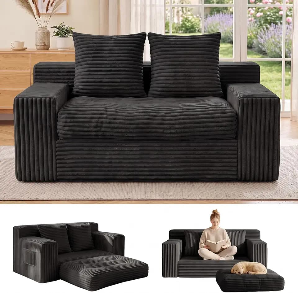 Small Boneless Couch, Boneless Loveseat Convertible Sofa Bed Sleeper Sofa Couch Bed with 2 Pillows, Corduroy Folding Floor Futon Foldable Boneless Couch for Living Room, Guest Room, Small Space, Black