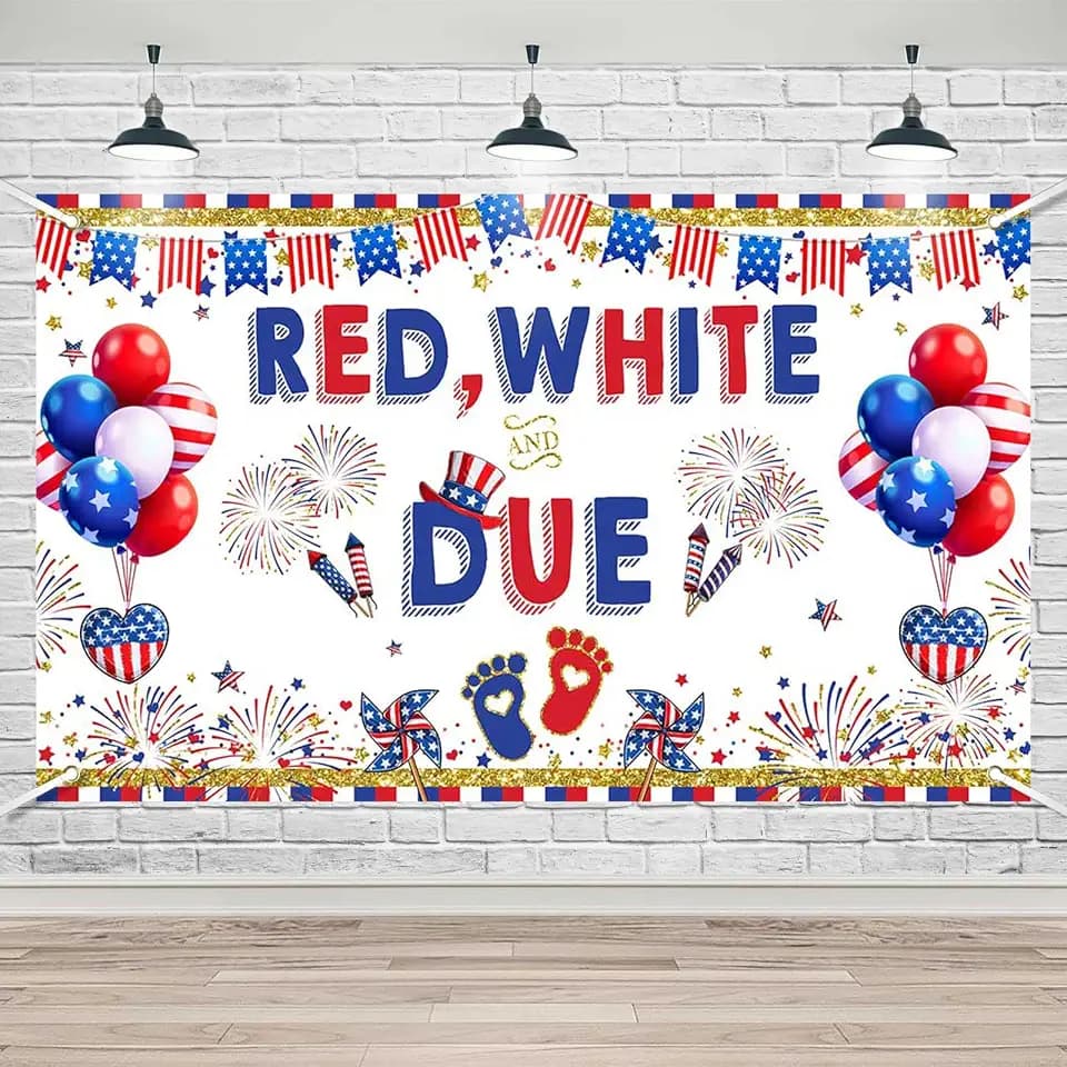 Lofaris Red White and Due Firecracker Baby Shower Banner Happy 4th of July Independence Day Newborn Baby Party Decor Patriotic Firework Flags Flowers Background Photo Studio Props (70.8x43.3inch)