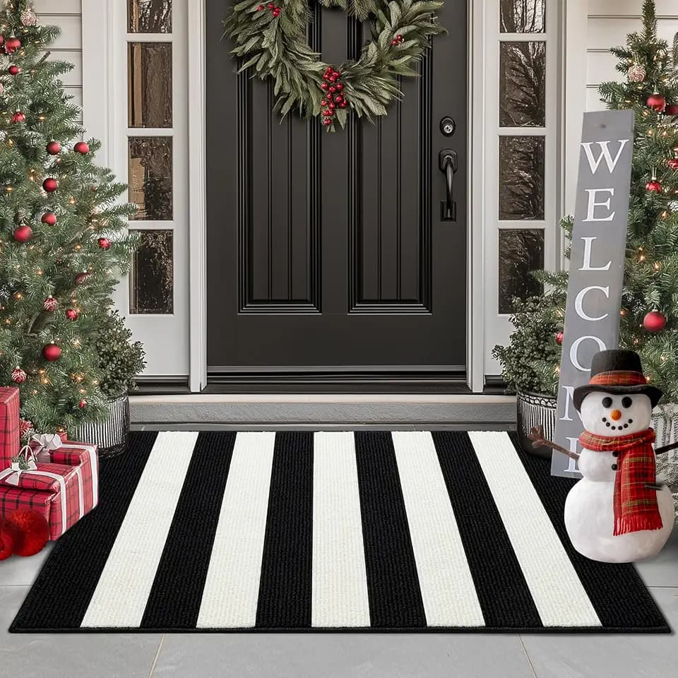 FONEYI Black and White Striped Rug, 20"x32" Front Door Mat Indoor Outdoor Rugs Washable, Non Slip Absorbent Striped Layered Doormats, Fall Door Mats for Front Porch/Kitchen/Farmhouse/Entryway/Patio