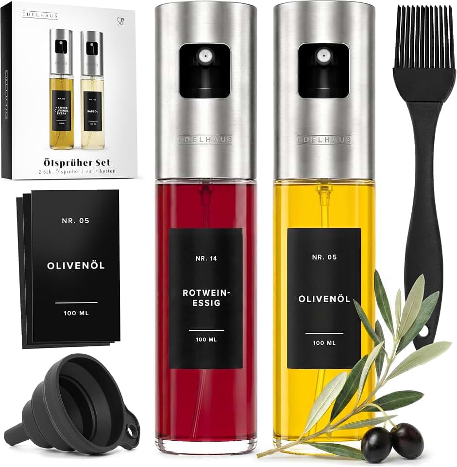 EDELHAUS Ölsprüher Edelstahl & Glas, Öl-Sprühflasche für Speiseöl & Essig