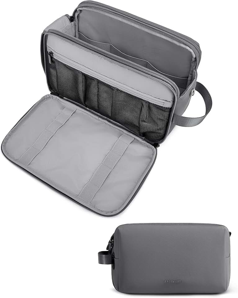 BAGSMART Toiletry Bag for Men, Travel Toiletry Organizer Dopp Kit Water-resistant Shaving Bag for Toiletries Accessories, Door Room Essentials,Grey-large