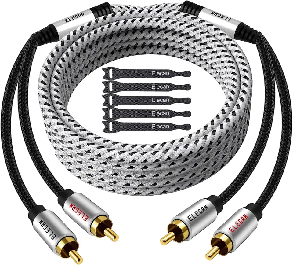 Elecan Premium RCA Cable 30 Ft (Hi-Fi Sound-16 AWG-Shielded) 2 RCA Male to 2 RCA Male Stereo Audio Cable, Gold Plated-Aluminum Alloy Shell-Pure Copper-Braided RCA Cord for Home Theater Speakers + Ties