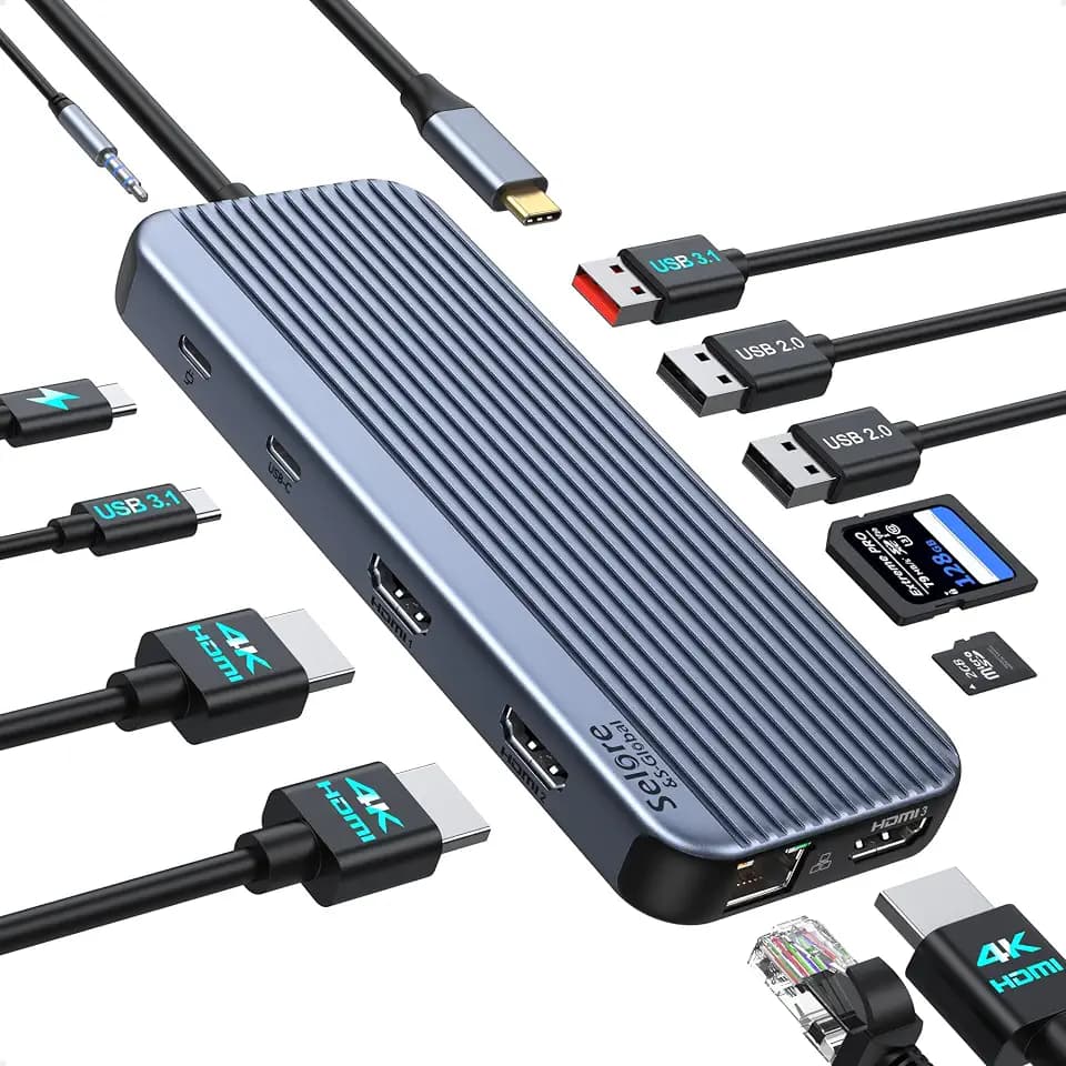 USB C Docking Station 3 HDMI, Docking Station 3 Monitore, 12 in 1 USB C Hub Triple Display mit Triple HDMI, 10Gbps USB A/C 3.1, 2 USB 2.0, 100W PD, RJ45 Ethernet, 3.5mm Audio&Mic, SD&Micro SD