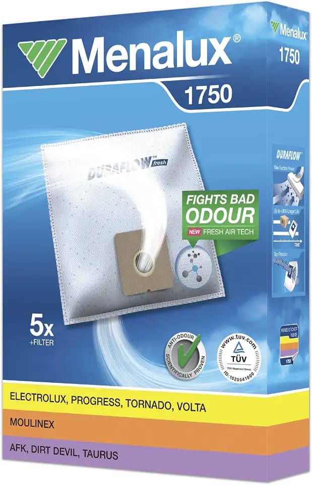 Menalux 1750 Staubsaugerbeutel, TÜV geprüfte Saugleistung und Filtration, kompatibel mit Swirl Y 298, für Bomann, Clatronic, Dirt Devil, 5 Stück