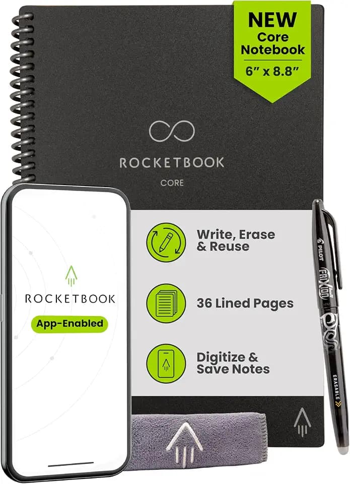 Rocketbook Core Reusable Smart Notebook, Executive Size 6x8.8, Black